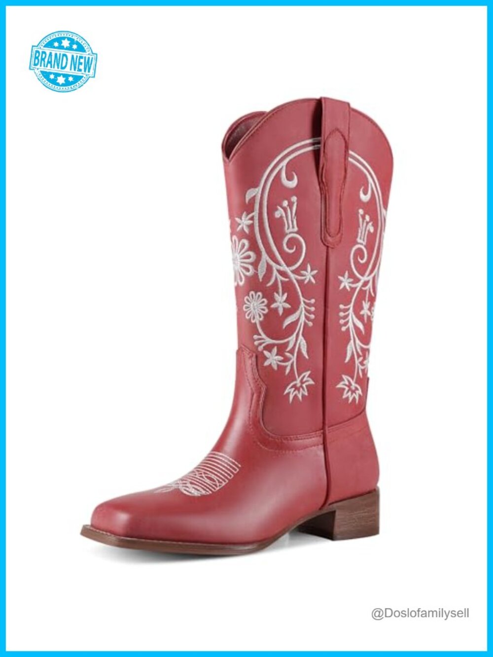 Women's Mid Calf Western Cowboy Boots Square Toe Pull On Block Heel Embroidered